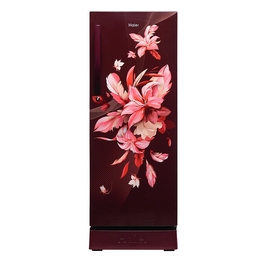 Haier 215L 5 Star Inverter Technology Direct Cool Single Door Refrigerator with Toughened Glass Shelf Base Drawer come sin stylish red opal Finish HRD-2355PRO-P